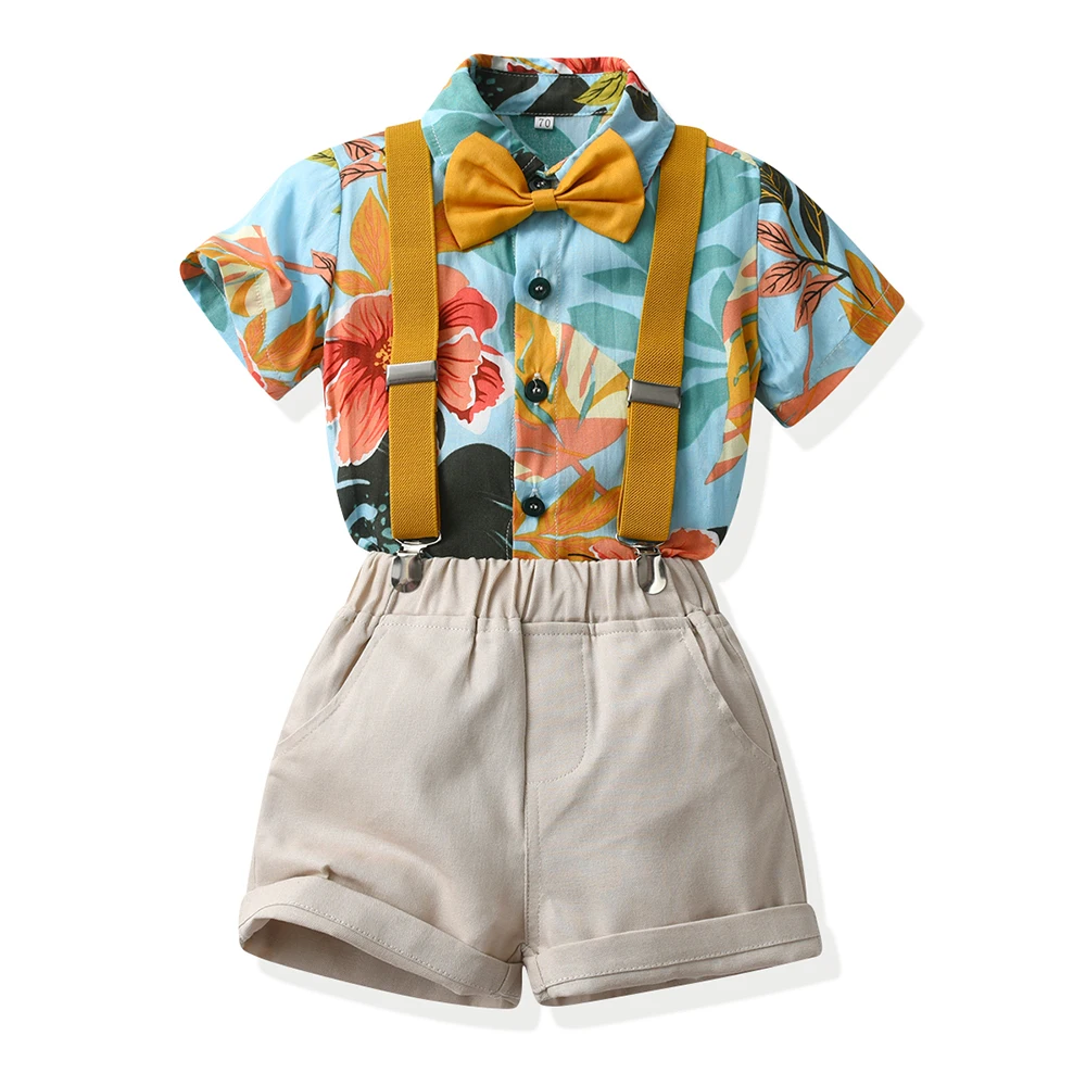 

Children Boys Clothing Sets Gentleman Style Short Sleeve Print Bowtie Shirts+Suspenders Shorts Suits Boys Casual Outfits