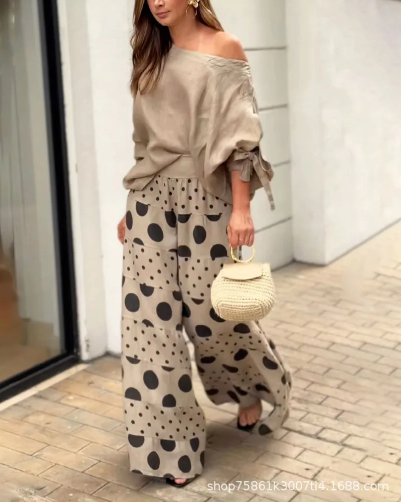 Fashion Office Lady Suit Elegant Slant Collar Lace Up Top Polka Dot Print Wide Leg Pants Two Piece Set 2024 Autumn New Women