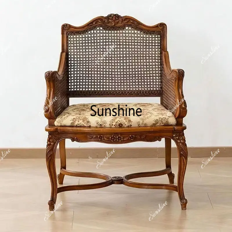 American vintage solid wood woven rattan single sofa with carved decorative lounge chair