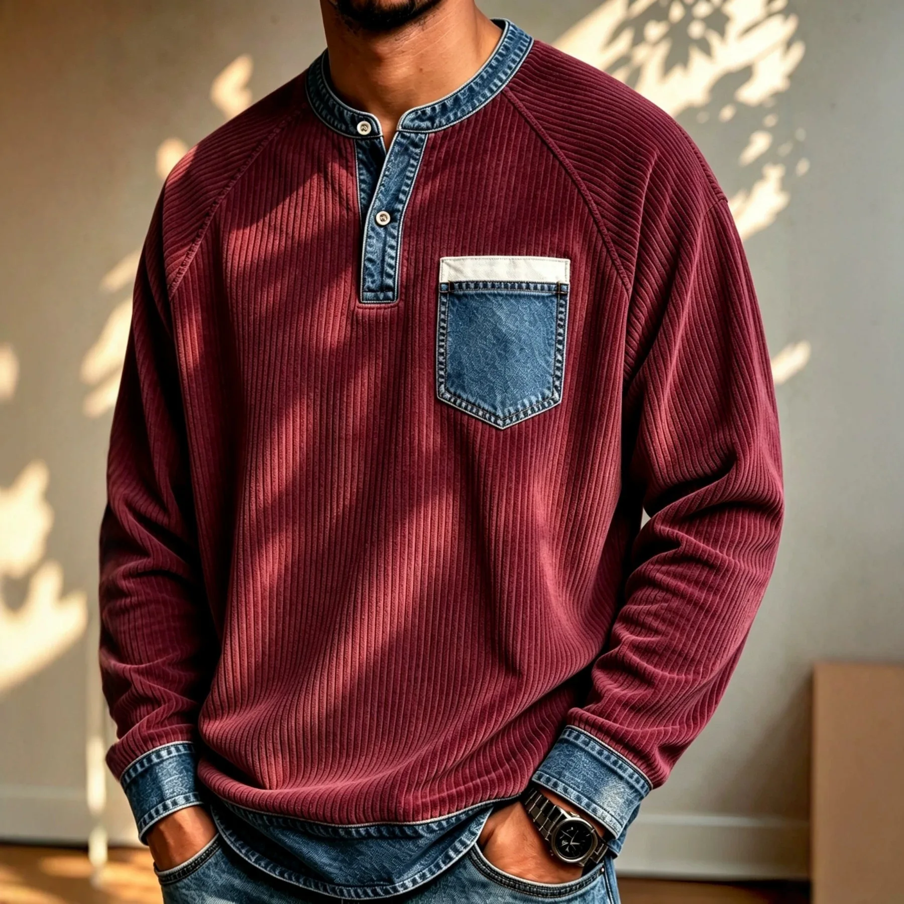 Retro denim patchwork O-Neck Long Sleeve T-Shirt Spring /Autumn Men Breathable Casual POLO shirt Daily Male pocket sportswear