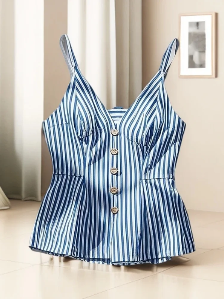 

Y2K Korean Fashion Beautiful Blue Striped Blouse Summer Strap Tank Top Women Sleeveless Shirt Female Sexy Beach Holiday Slim Fit