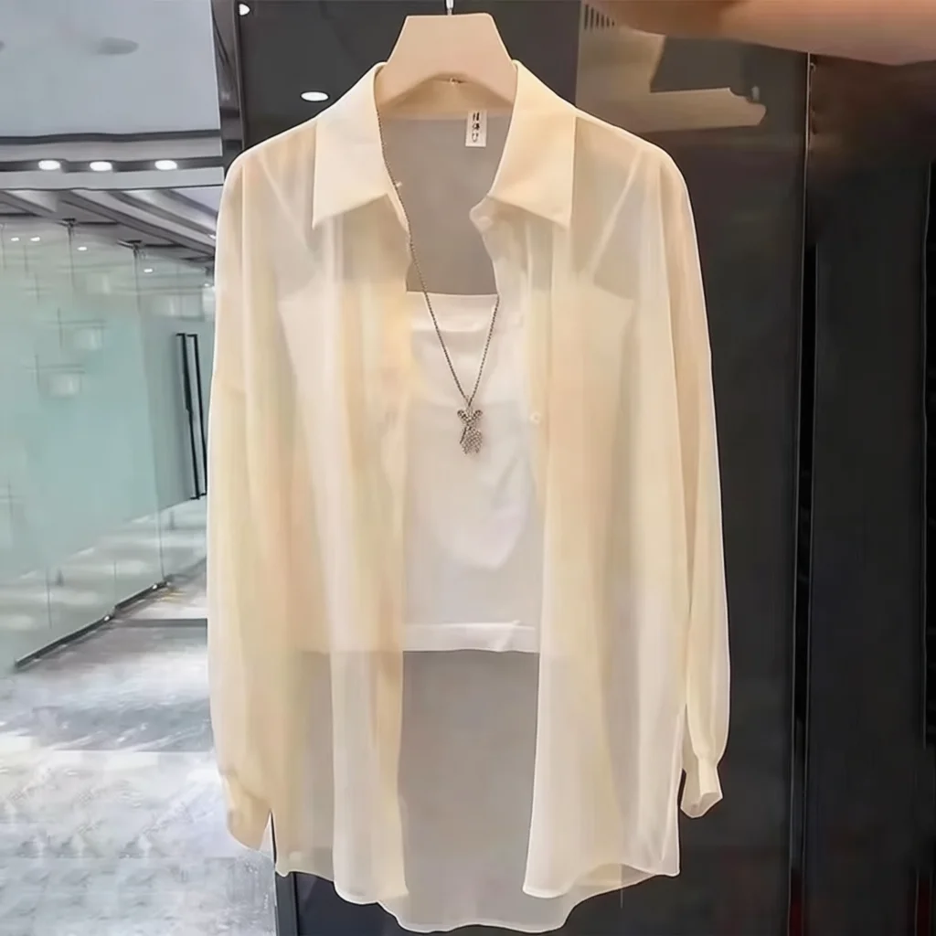 Women Summer Thin Sunscreen Blouse Breathable Long Sleeve Shirt Loose Fit Casual Button Up Elegant Office Streetwear