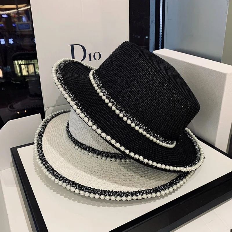 Women Summer Pearl Straw Hat UV Protection Sun Hat Versatile Outdoor Travel Seaside Beach Anti-ultraviolet Ladies Sun Cap