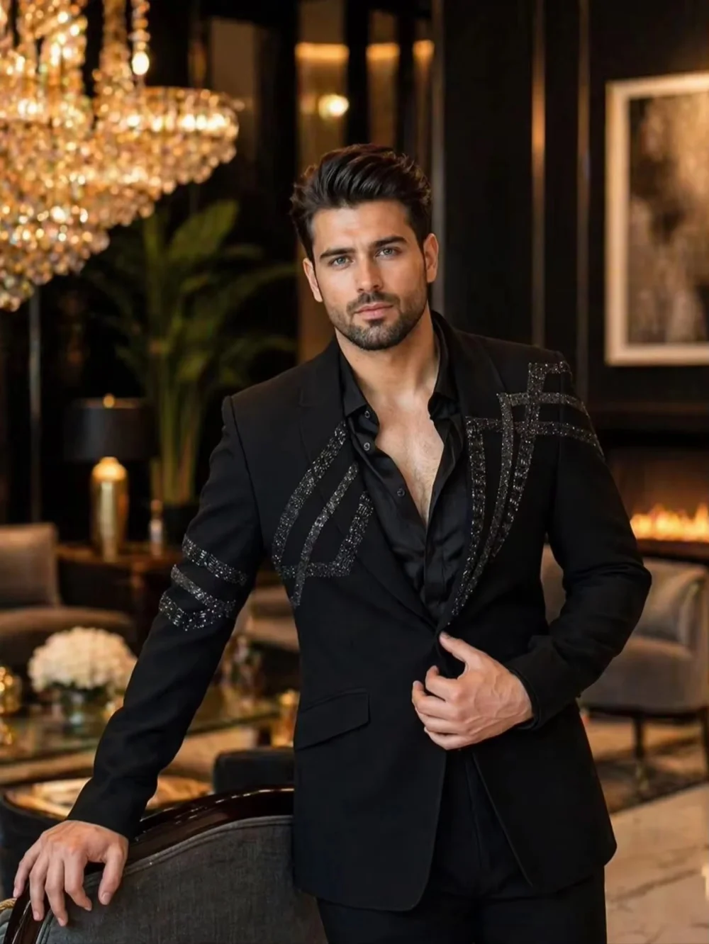 Business Wedding Tuxedos Beaded 2 Piece Set Jacket Pant Slim Fit Men Suit Fashion Shawl Lapel Evening Blazer Customized