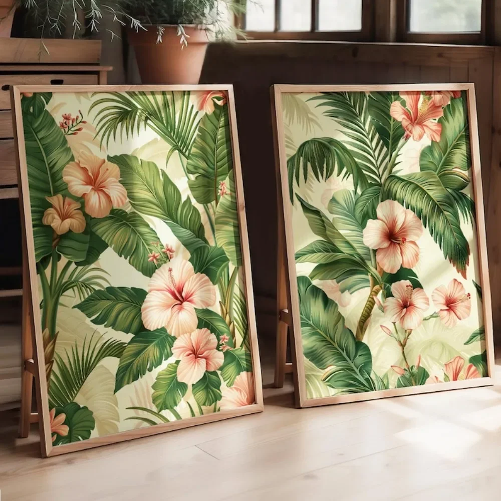 2pcs frameless Canvas Painting 2pcs Frameless Retro Tropical Flower Print,Palm Leaf Poster,Pink and Green Flower Home Decor,Plan