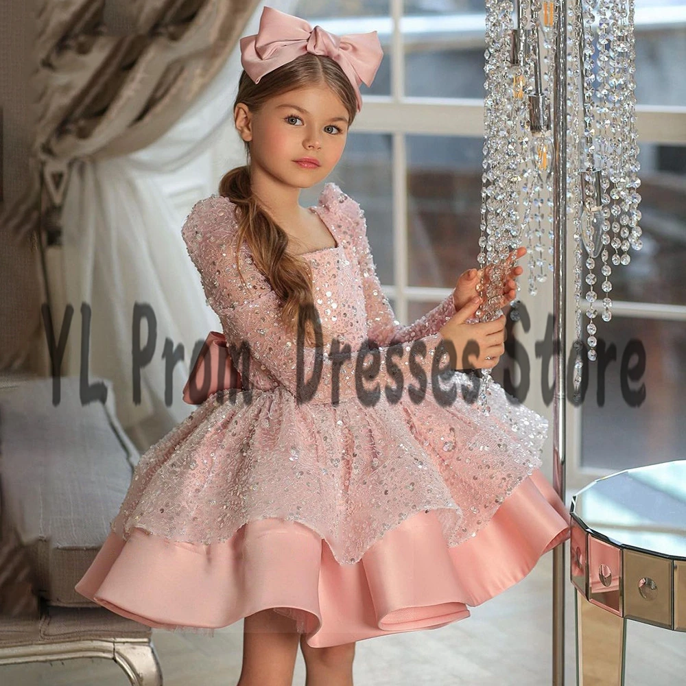 YL Modern Mini-line sukienki dziecięce dla dzieci Ivory Pink Puffy Sequined satynowe sukienki dla dziewczynek kwadratowy kołnierzyk suknie na imprezy urodzinowe