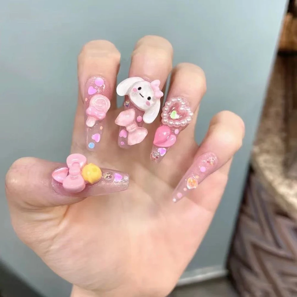 Милые Мультяшные искусственные накладные ногти с полным покрытием Hello Kitty Cinnamoroll Kuromi 3D стерео съемные ногти для дизайна ногтей