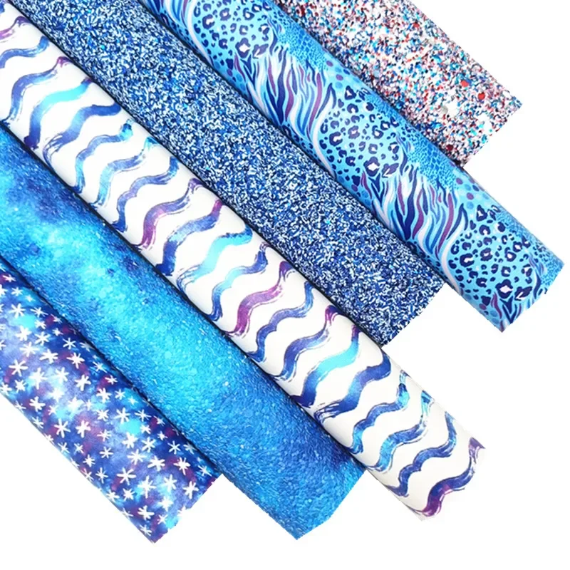 Blue Faux Leather Sheets Leopard Wave Stars Printed Faux Leather Sheets with Felt Backing Leather for DIY Craft 8.2