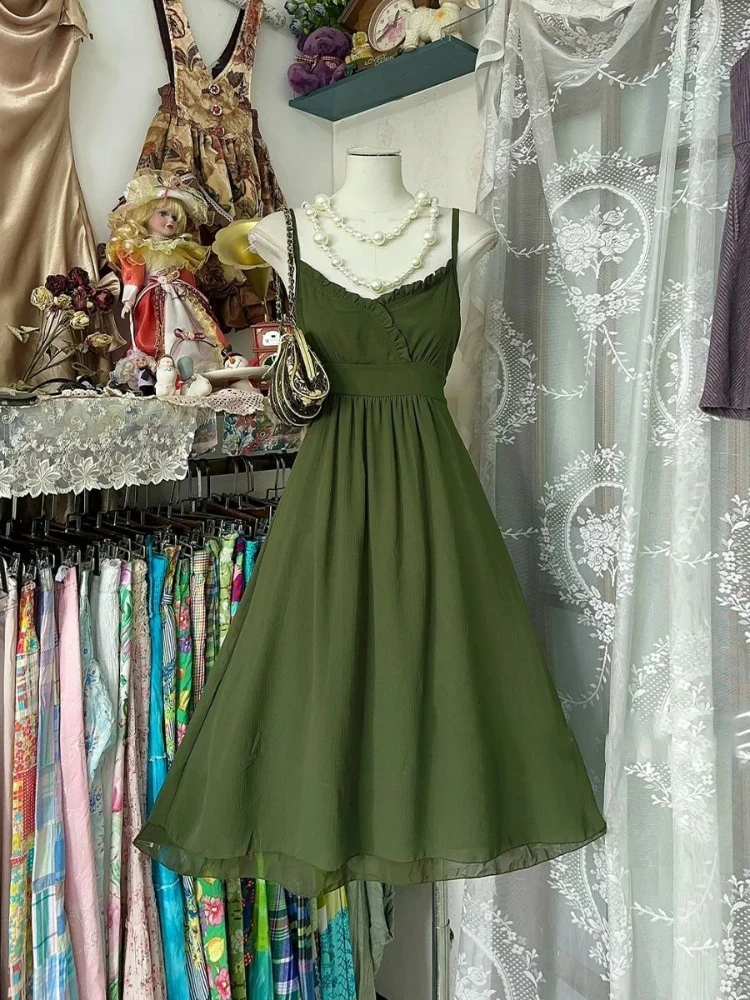 Summer Vintage Slim Green Sling Dress Women 2025 New Elegant Casual Off Shoulder Dresses France Retro Sleeveless Thin Outfits