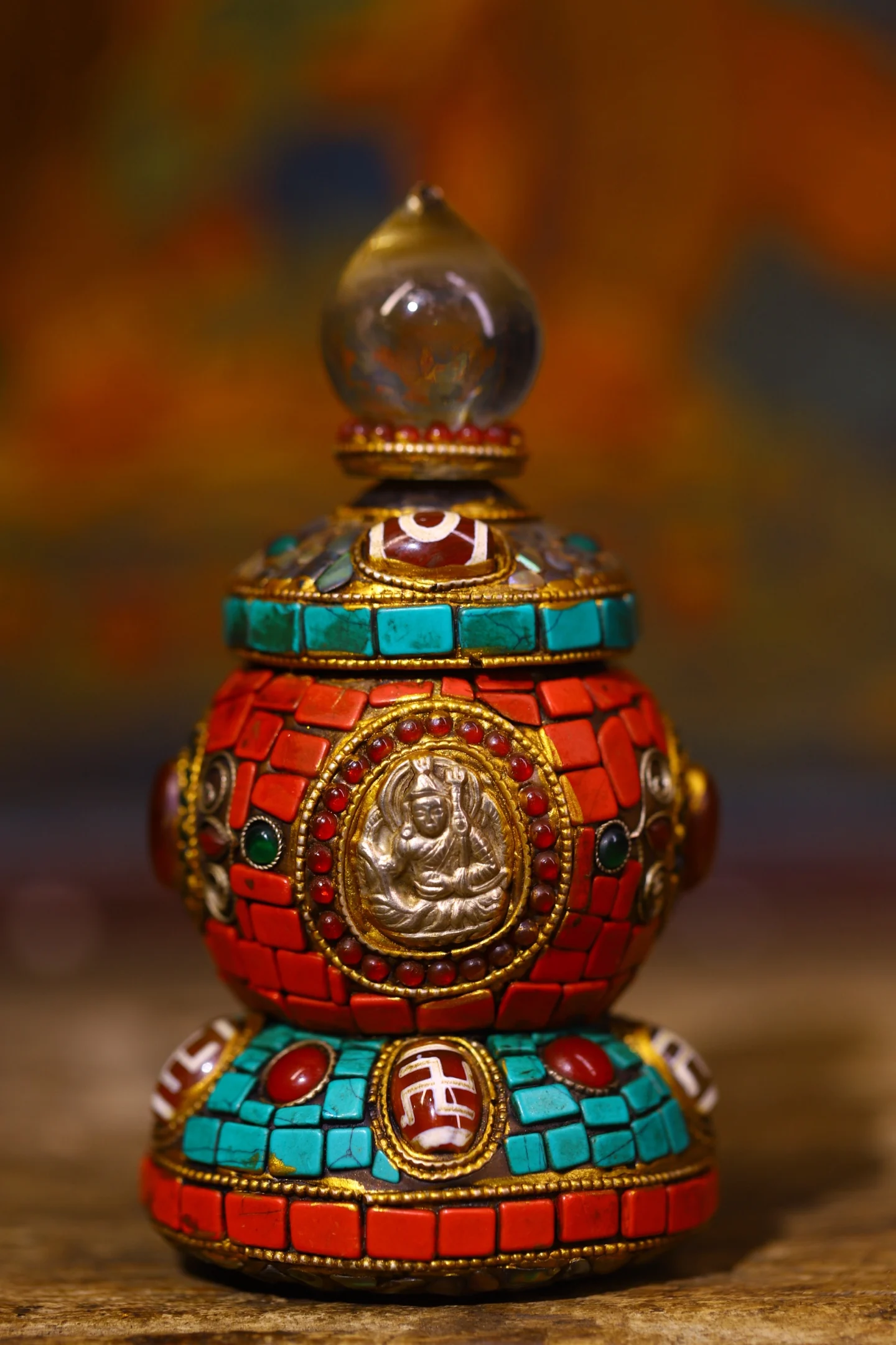 

5"Tibetan Temple Collection Old Crystal Mosaic Gem gZi Beads Turquoise Padmasambhava pattern Buddha jar Relic jar Worship Hall