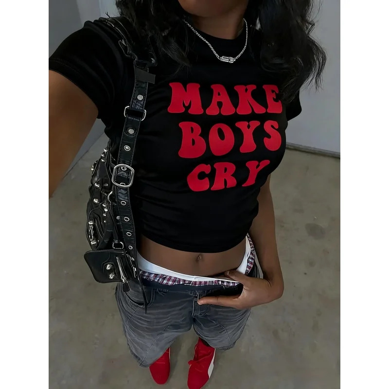 Y2K Women Crop T-shirt MAKE BOYS CRY Bold Slogan Graphic Short Sleeve Casual Top