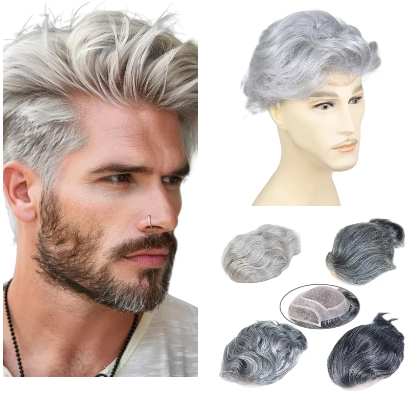 

Человеческие волосы, мужская система волос, моно-база, 8x10 дюймов, серое смешанное кружево с искусственной кожей, предварительно выщипанные цвета волос 1B 1B20 1B60