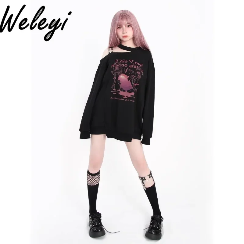 Jirai Kei Pullover Mid Length Hoodies Women's 2024 Spring and Autumn Sweet Streetwear Off Shoulder Terry Halter Loose Sweatshirt