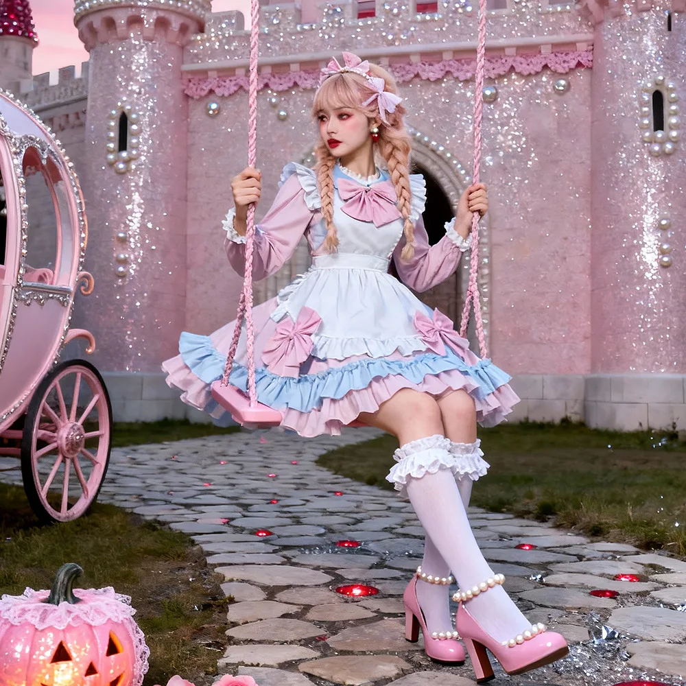 핑크 로리타 메이드 유니폼 할로윈 코스튬 커피숍 웨이트리스 의상 소프트 걸 무대 공연 드레스 중국 제작