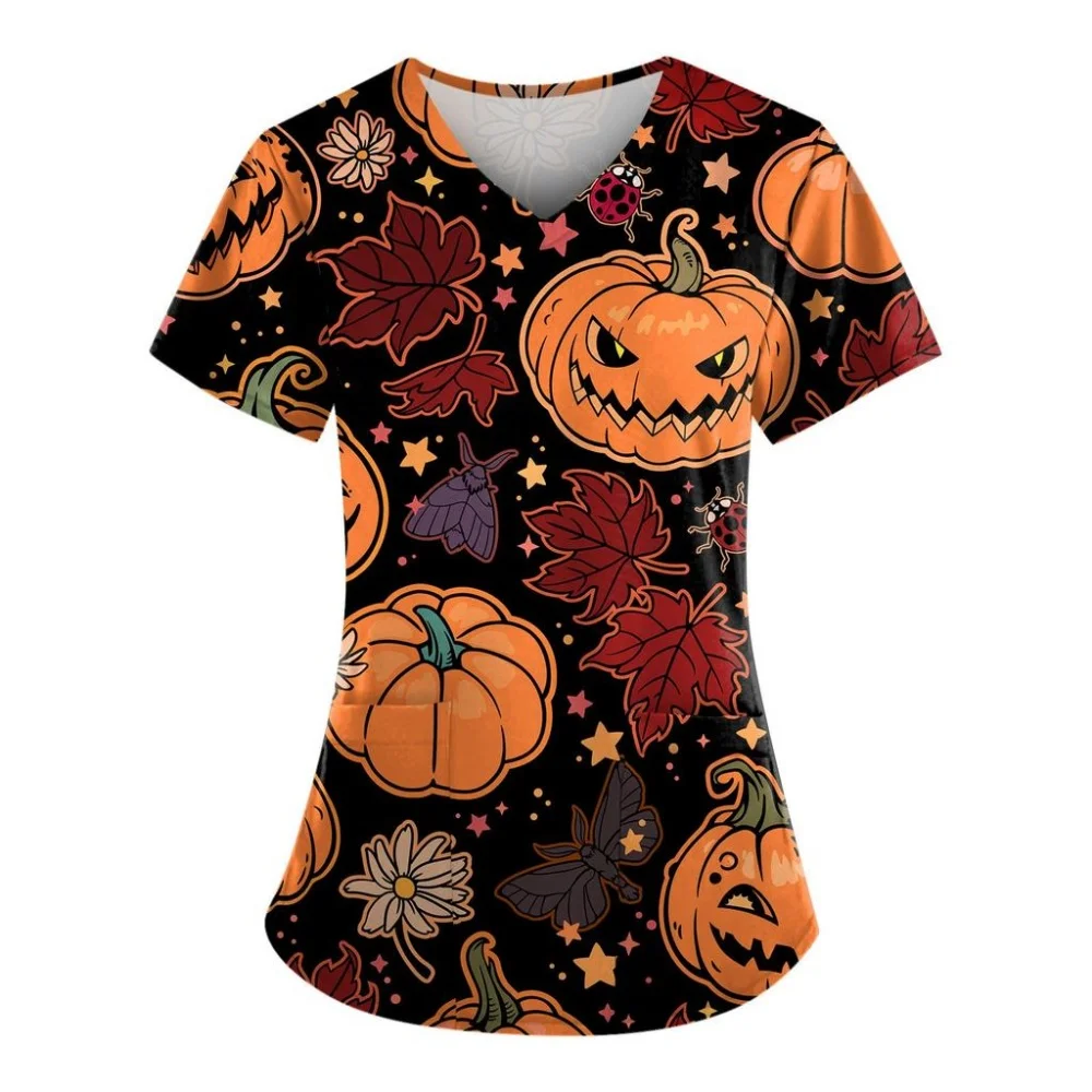 Women's Medical Uniform Halloween Cartoon Print Health Care Nursing Tops Casual Microelastic Short Sleeve Clinical Uniform Woman