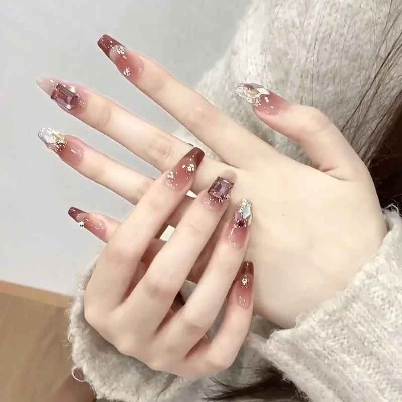 Manicure Wear French Cat Eye Handmade Stickers Rhinestone Gradient 30 Pieces Removable Fake Nail Tip Finished Product