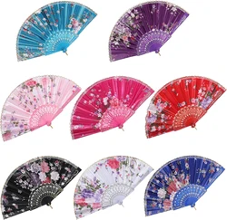 Floral Folding Hand Fan Vintage Handheld Lace Folding Fan with Different Flower Patterns Fabric Folding Fan for Wedding Dancing