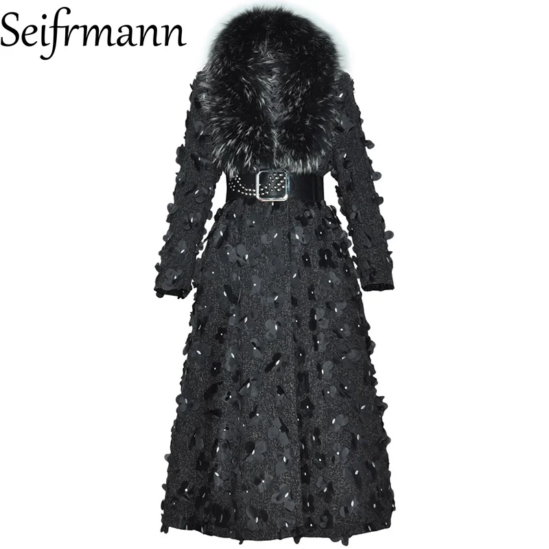 Seifrmann 2026 Spring Women's New Fashionable Woolen Collar Long Sleeve Three Dimensional Flower Belt Waist Thickened Coat