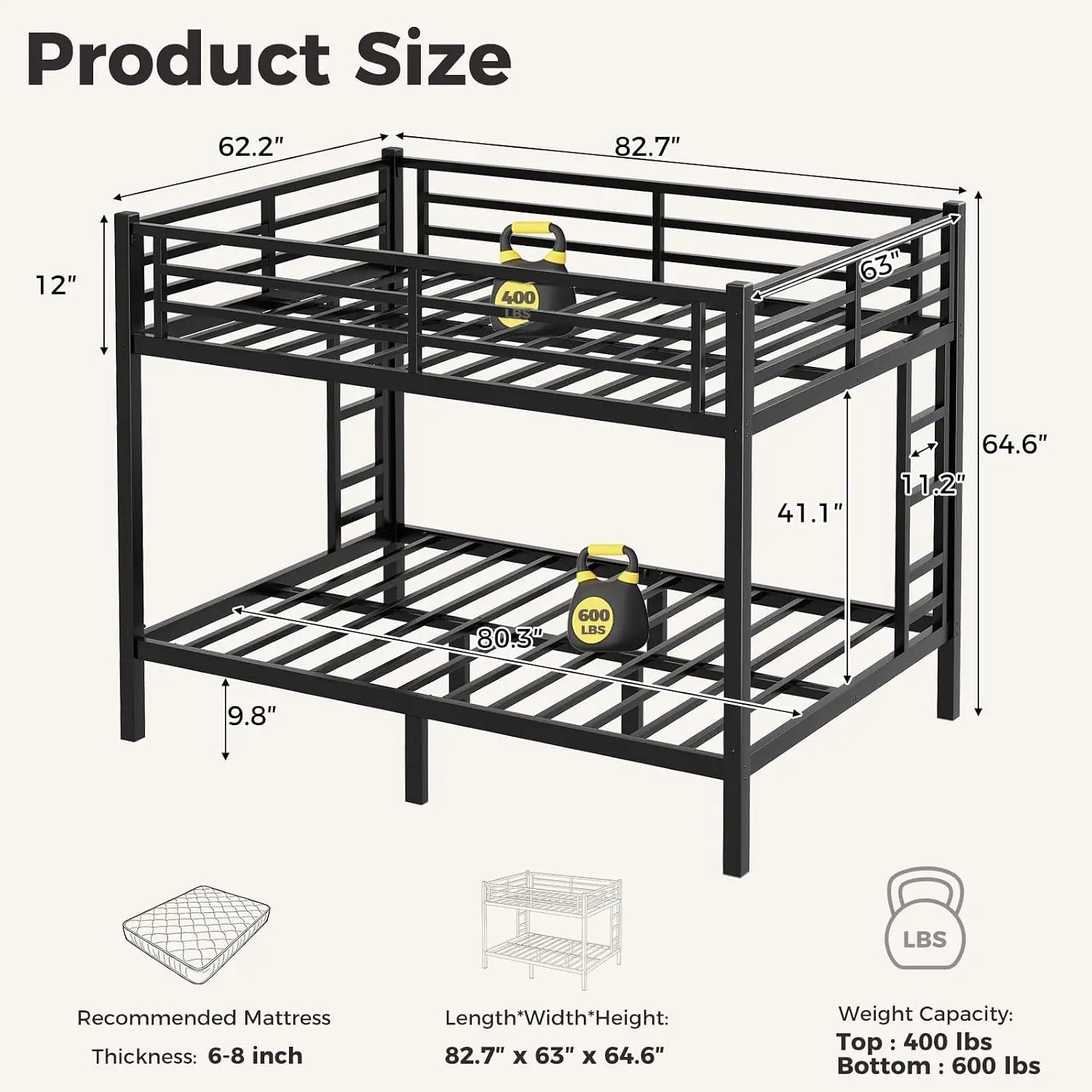 Heavy Duty Metal Queen Over Queen Bunk Bed for Adults & Teens, 400/600LB w/Ladder & Guardrail, Noise-Free Slats , Custom