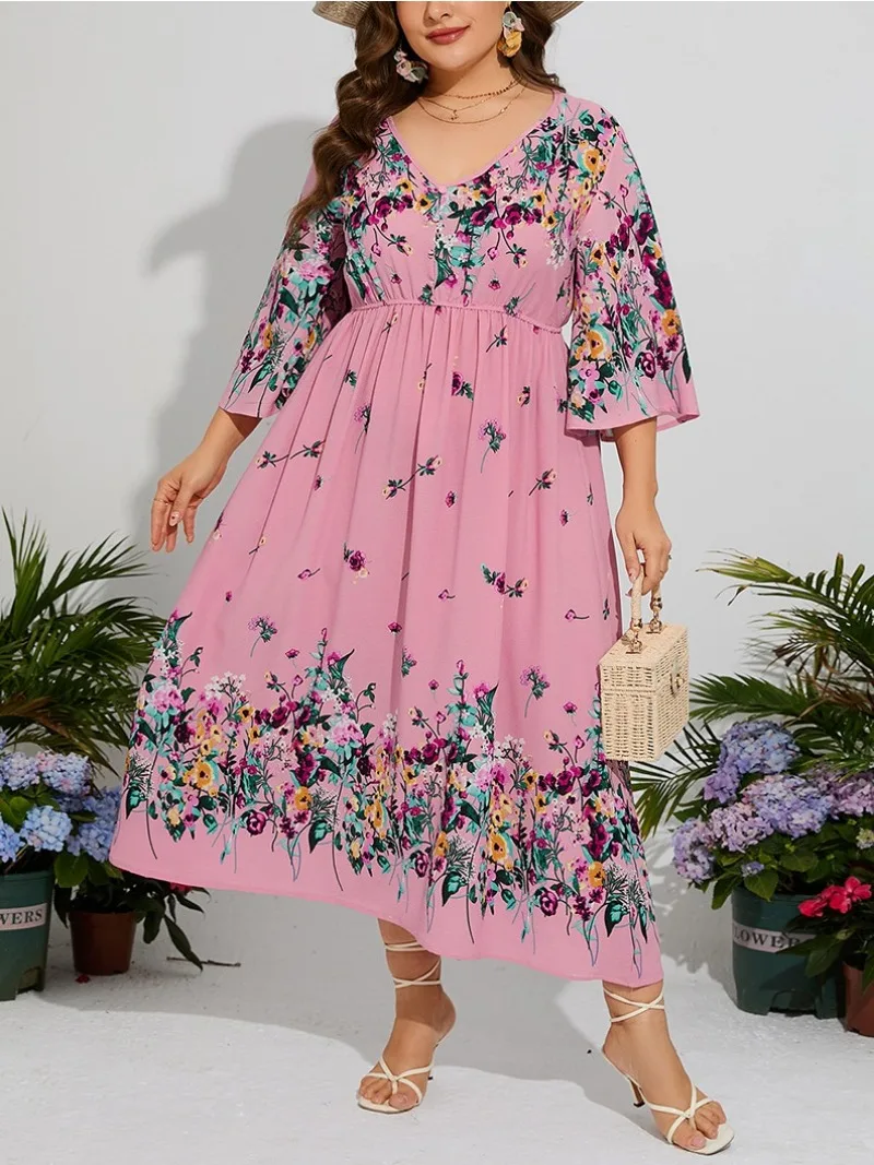 Women Fashion Vacation Elegant Casual Fragmented Flower Loose Dress Flare Sleeves V-Neck Elastic Waist Chiffon Long Dress