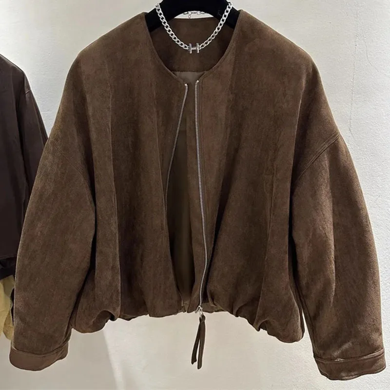 

2025 Feminine Round Neck Short Outwear Retro Women Long Sleeves Coat Spring Autumn Ladies Fashion Casual Imitation Suede Jacket