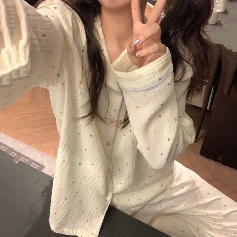 Bubble Cotton Pajamas Women Spring Autumn Girls Cartoon Little Bear Long-Sleeve Long-Pants Set Loose Homewear Students Cute Lady