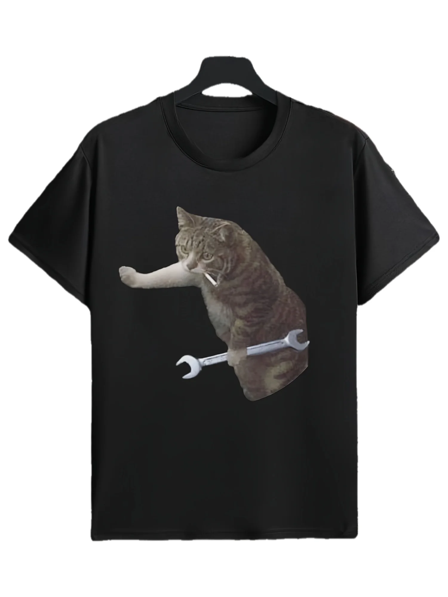 Mechanic Cat Holding Wrench Graphic T-Shirt Men's Funny Tabby Crew Neck Cotton Casual Tee Gift