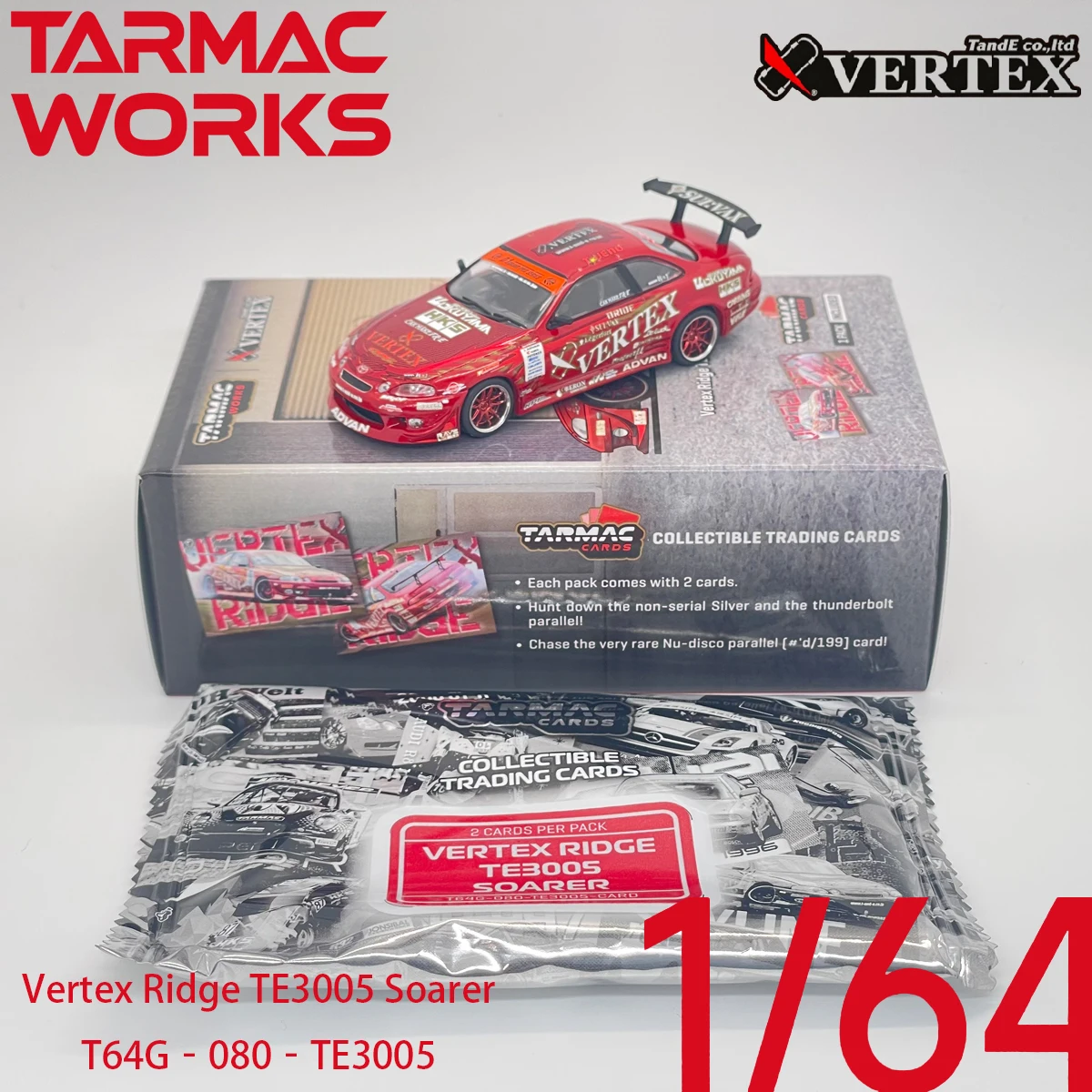 Tarmac Works 1:64 Vertex Ridge Toyota Soarer TE3005 Drift Diecast Car Model T64G-080-TE3005 with Trading Card Pack in Stock