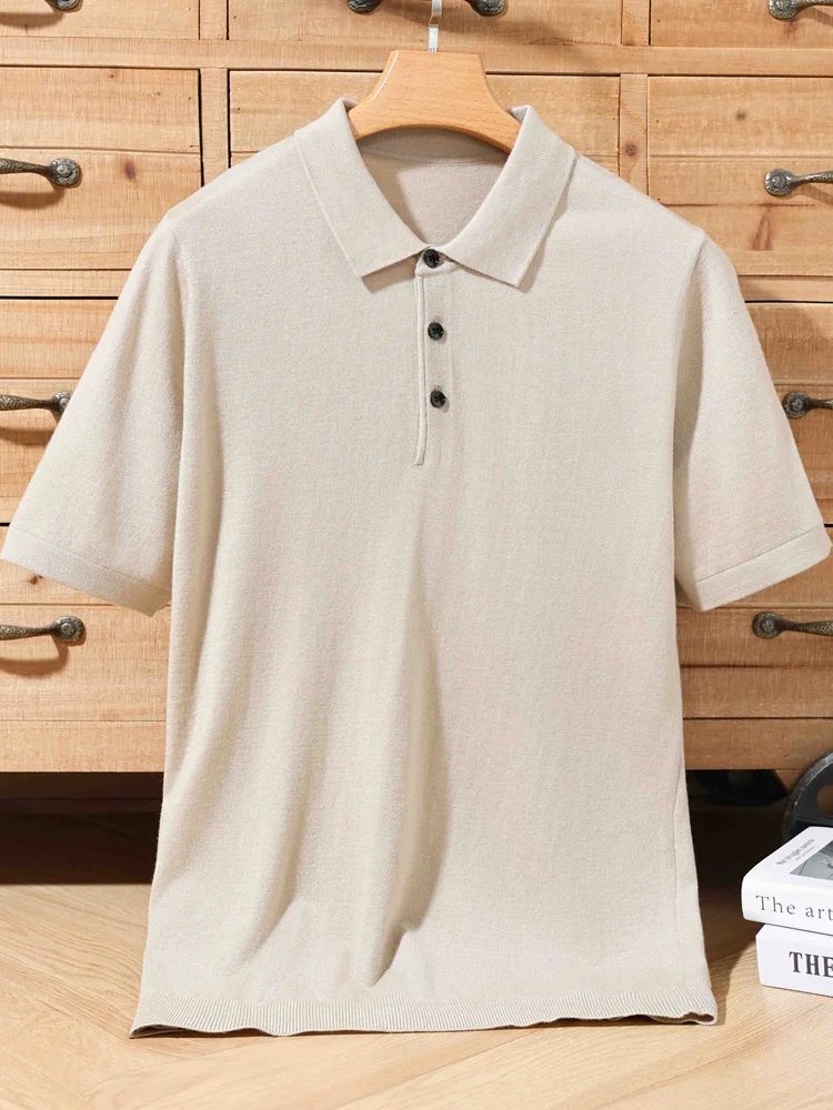 Spring Summer Men\'s Polo T-shirt Thin Soft Smart Casual Short Sleeve Pullover Sweater 30% Merino Wool Knitwear Korean Fashion