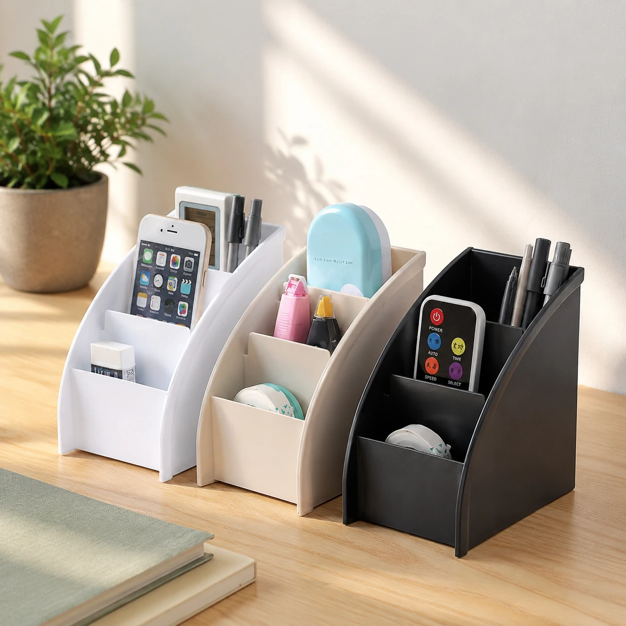 Multifunctional 3 Grid Remote Control Box Cosmetics Desktop Storage Case Stand Holder Office Stationery Phone Organizer 3 Colors