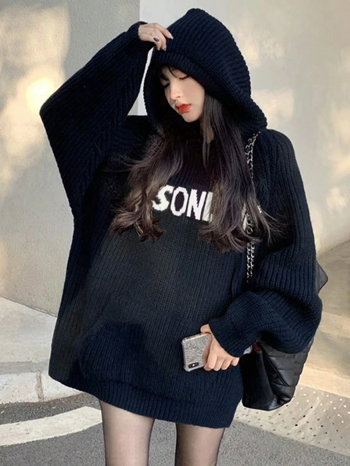 

Laid-ba Sle Bla Свитер с капюшоном Женская осень-зима Свободная верхняя одежда средней длины Высококачественный вязаный топ для поездок на работу Faion