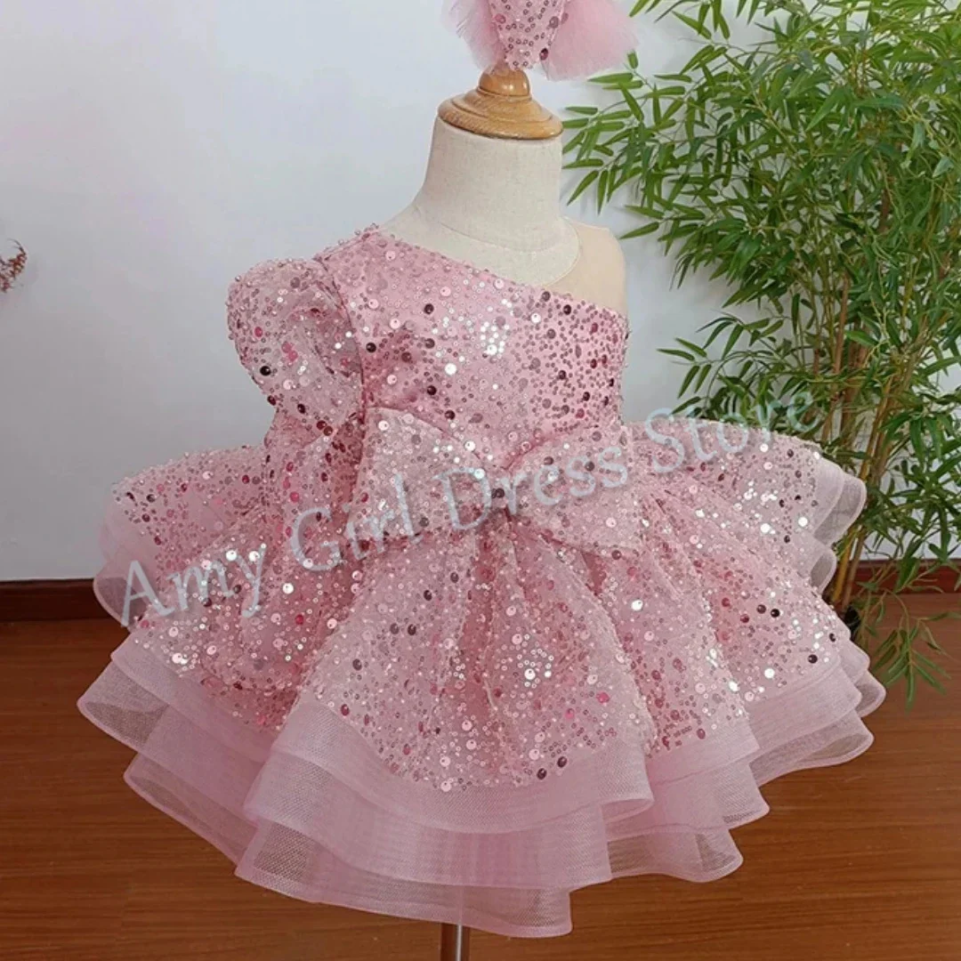 

Индивидуальное розовое платье для девочки на свадьбу с пайетками, на одно плечо, пышное, до колен, для малышей, на день рождения, для первого причастия
