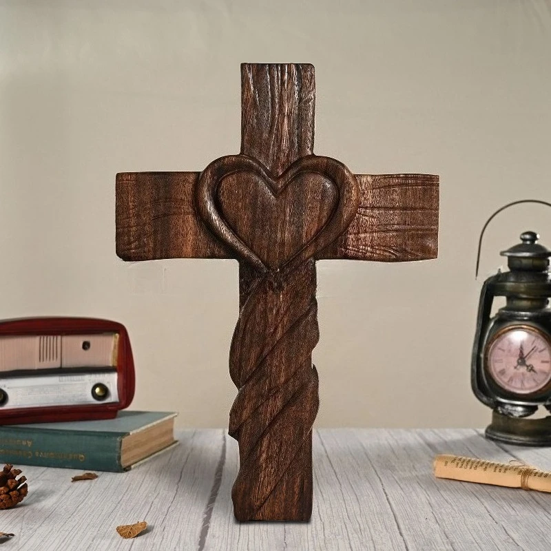 Heart-Shaped Cross Wall Decor for Bedrooms and Home Offices Solid Wood Carved “Hearts United” Cross Ornament