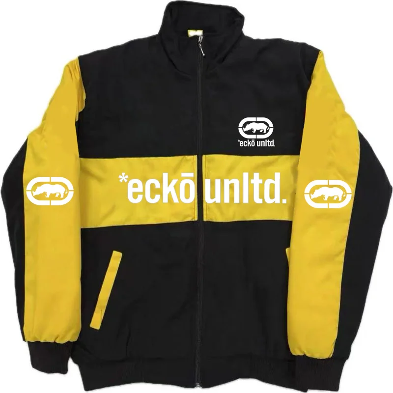 Retro Hip‑Hop Men Thick Warm Winter Coat Ecko Unltd Rhinoceros Graphic Print Three‑Tone Splicing Stand‑Collar Padded Outer J