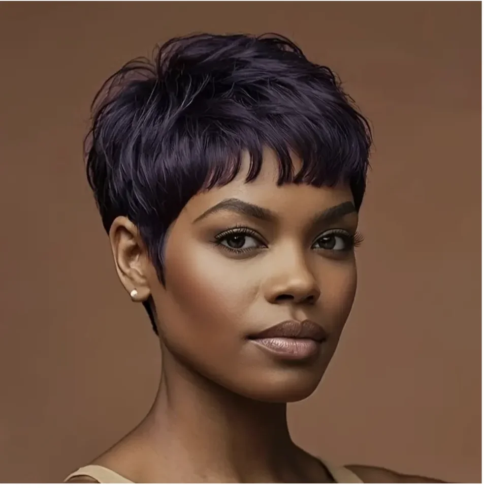 Peluca sintética corta negra estilo pixie con flequillo, peluca corta para mujer, para fiestas 4