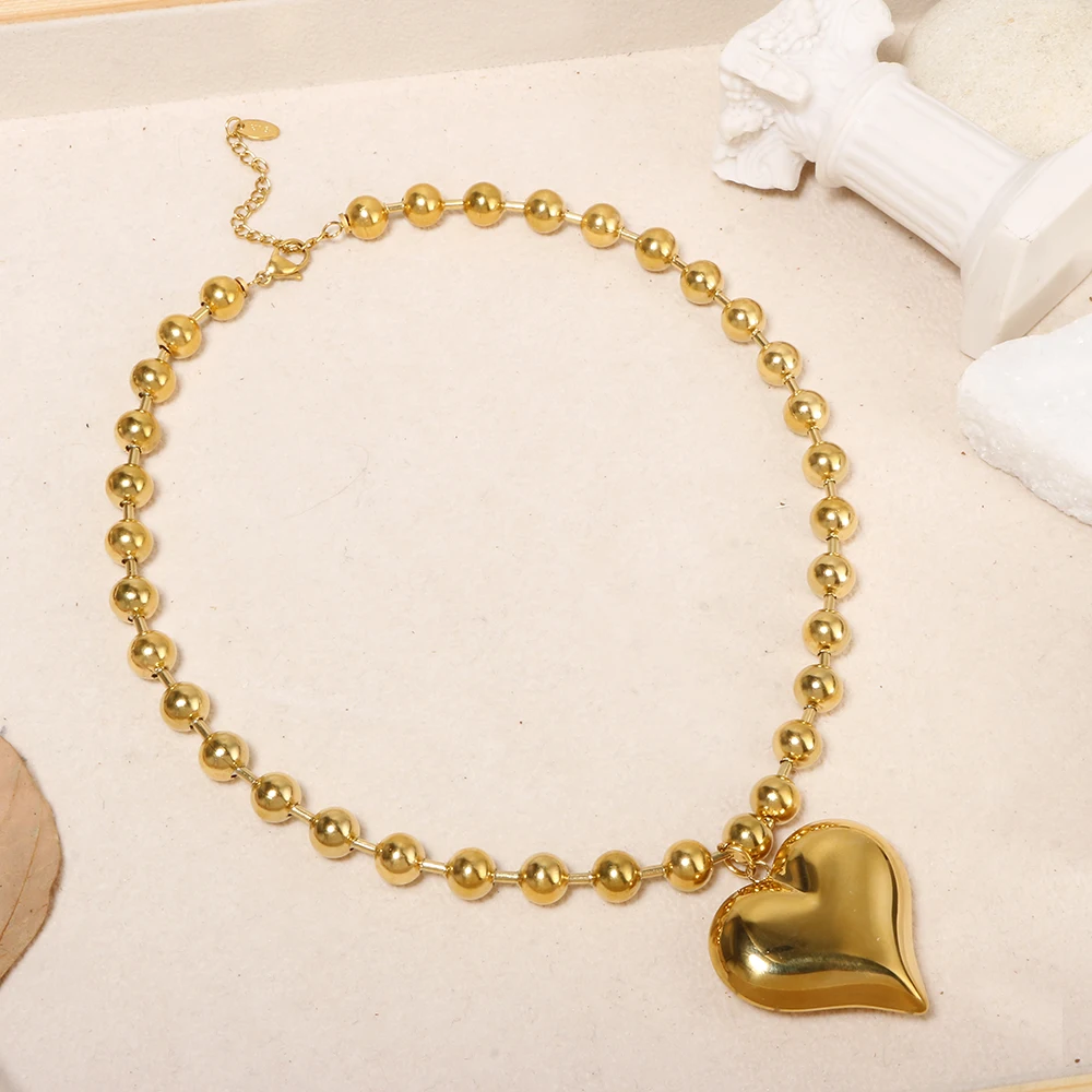 Punk Heavy Industry Thick Beaded Chain Big Peach Heart Hollow Pendant Charm Choker for Women Non Fading Stainless Steel Jewelry