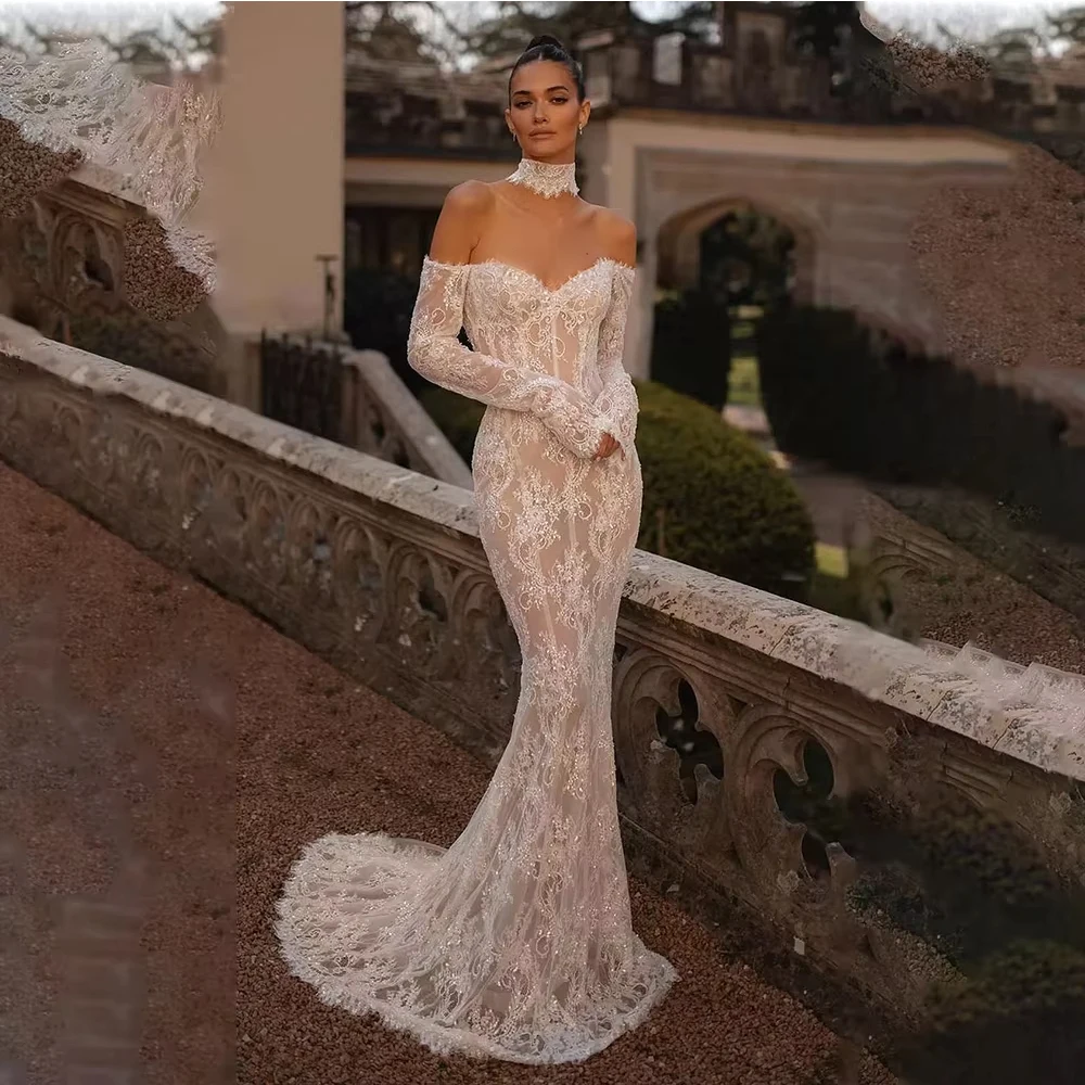 

Customized Sexy Long Sleeves Full Sleeves Full Lace Handmade Beaded Sheath/Mermaid Wedding Dresses 2026 Vestido Bridal Gown