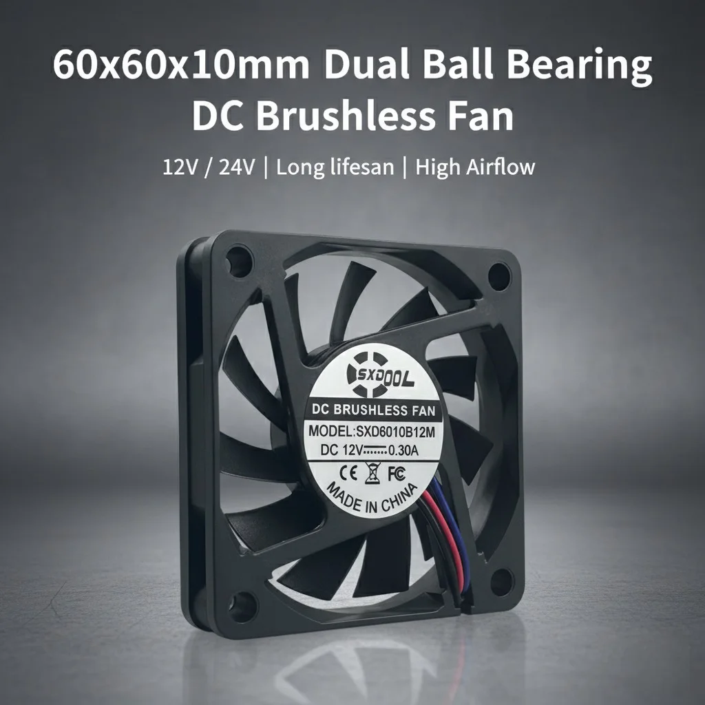 

For SXDOOL 6010 60x60x10mm DC Brushless Cooling Fan 12V 0.13A / 24V 0.10A Dual Ball Bearing Low Noise Industrial Ventilation Fan
