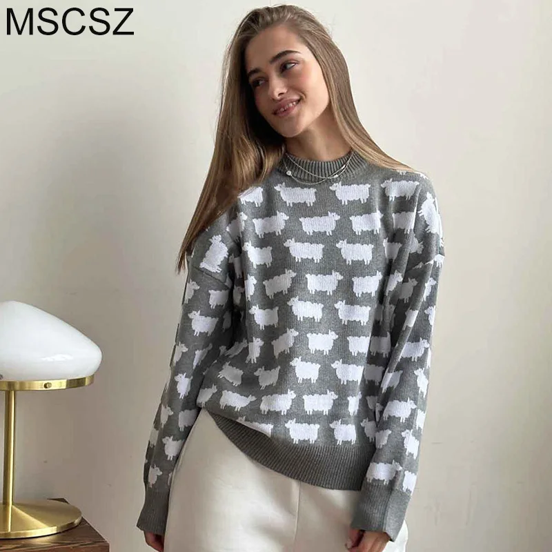 MSCSZ Animal Print Sweater Woman 2024 New In Knitwear Fashion Casual Oversize Sweater Pullover Y2K Knitted Jumper