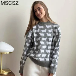 MSCSZ-Camisola feminina com estampa animal, jumper de malha, pulôver grande, malhas casuais, moda Y2K, novo, 2024