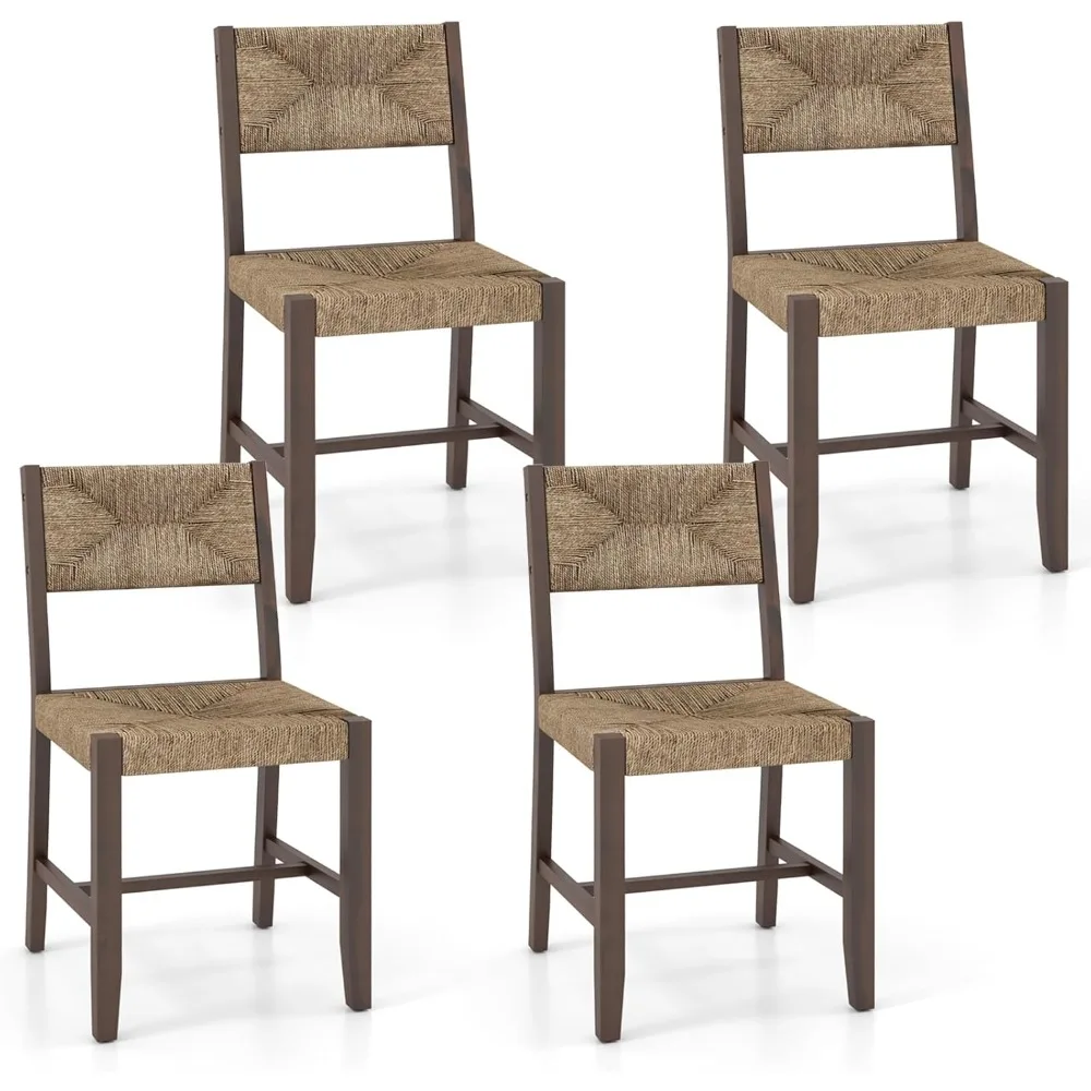 

Wooden Dining Chairs Set of 4, Boho Farmhouse Cane Chairs with Natural Weave Seagrass Rattan Backrest & Seat, Armless Rattan Ac