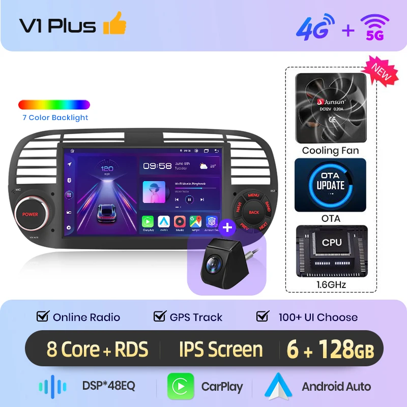 Junsun 7 inch Android autoradio voor Fiat 500 2007 - 2015 draadloos voor Apple CarPlay Auto IPS touchscreen stereo multimediaspeler automotive slimme intelligente systemen 2 Din autoradio head unit
