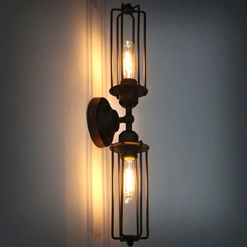 Vintage Loft Double Tube Wall Lamp Indoor Bedroom Kitchen Light Applique Home Decoration Restaurant Iron Cage Retro Sconce Light