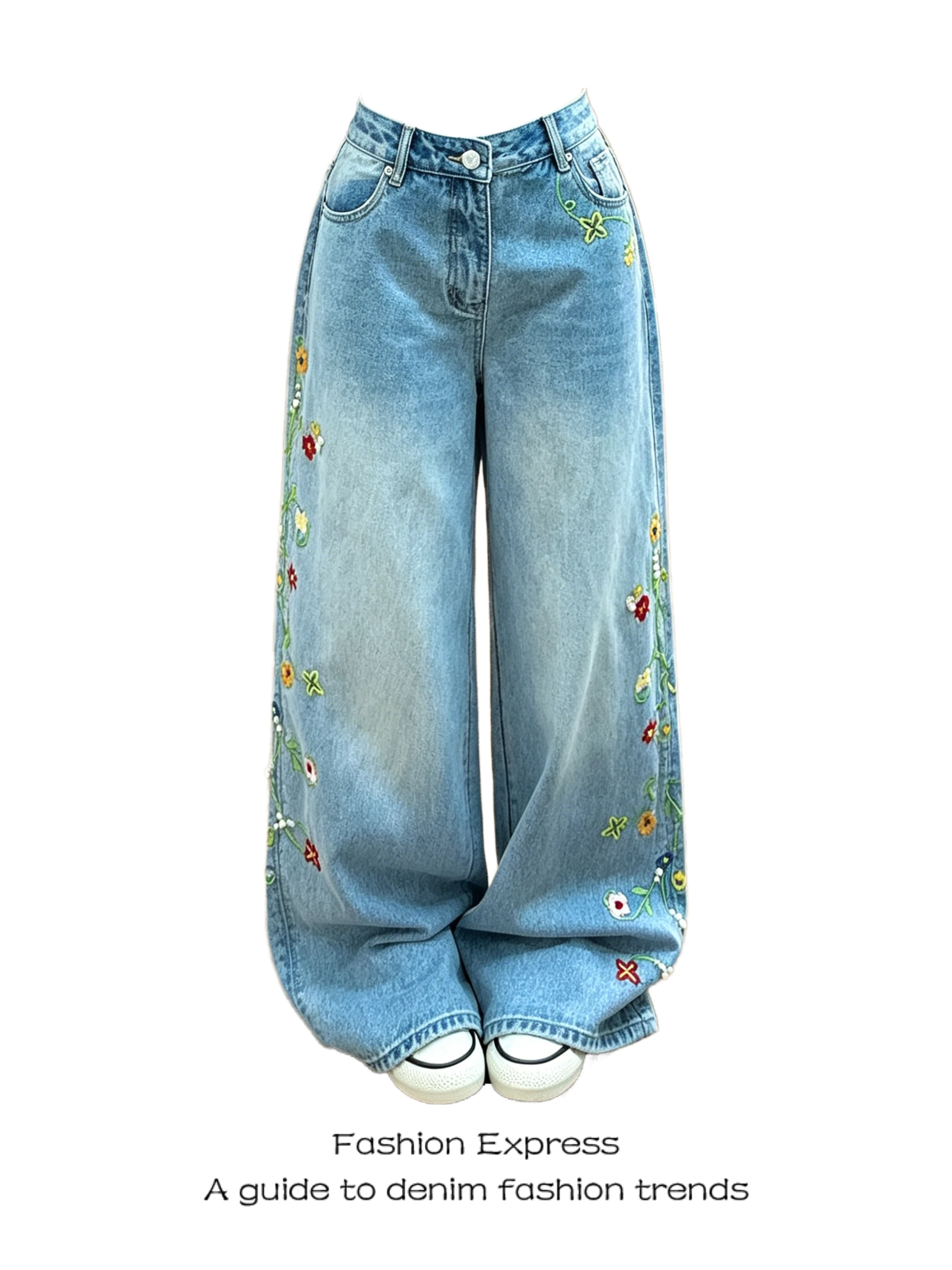 

Retro Floral Embroidery High Waist Wide Leg Jeans Women's Summer New Style American Design Loose Straight Cut Trousers