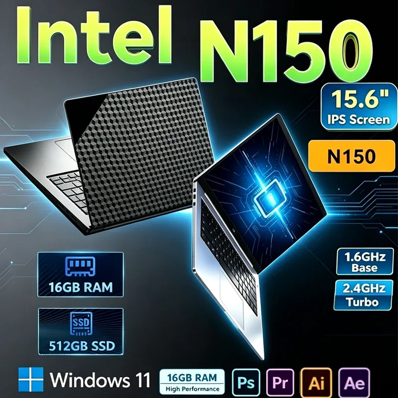2026 15.6 Ultra Slim Laptop Intel Core N150 16GB RAM 1/2TB SSD Windows 11 Fingerprint Unlock Office Game Backlight Laptop