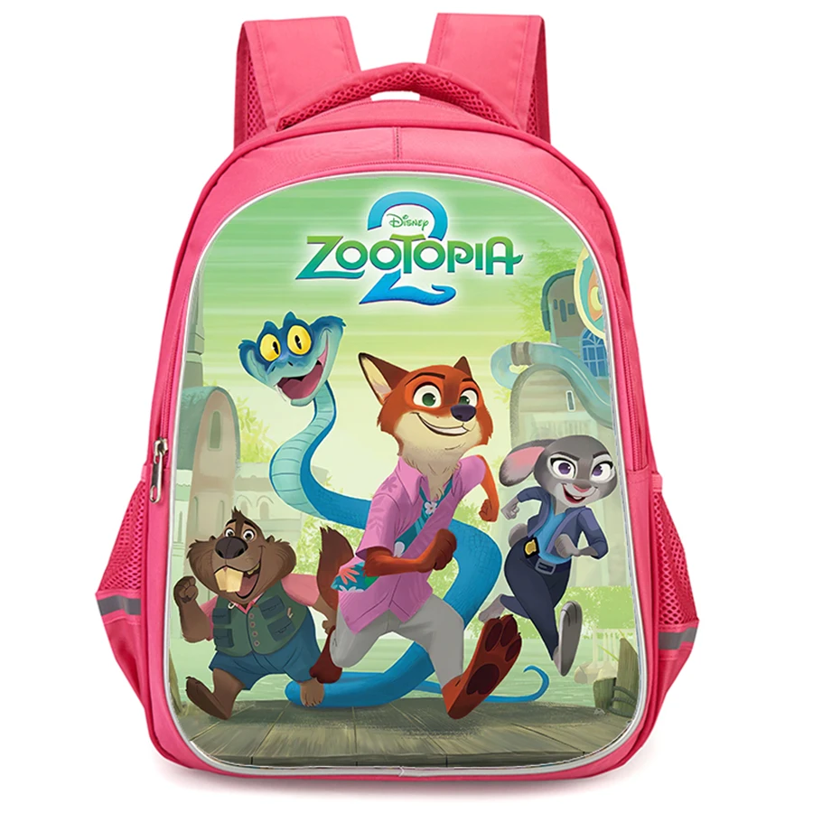Zaino per ragazze con doppia tasca con cerniera, zaino scolastico rosa Cartoon Zootopia2, borse per bambini durevoli da 16 pollici per studenti delle alunni