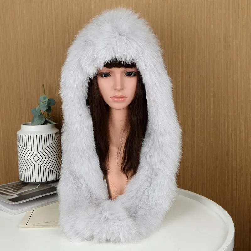 Fashionable thickened and encrypted woolen woven hat women's fur scarf integrated cold-proof ear-protecting cover