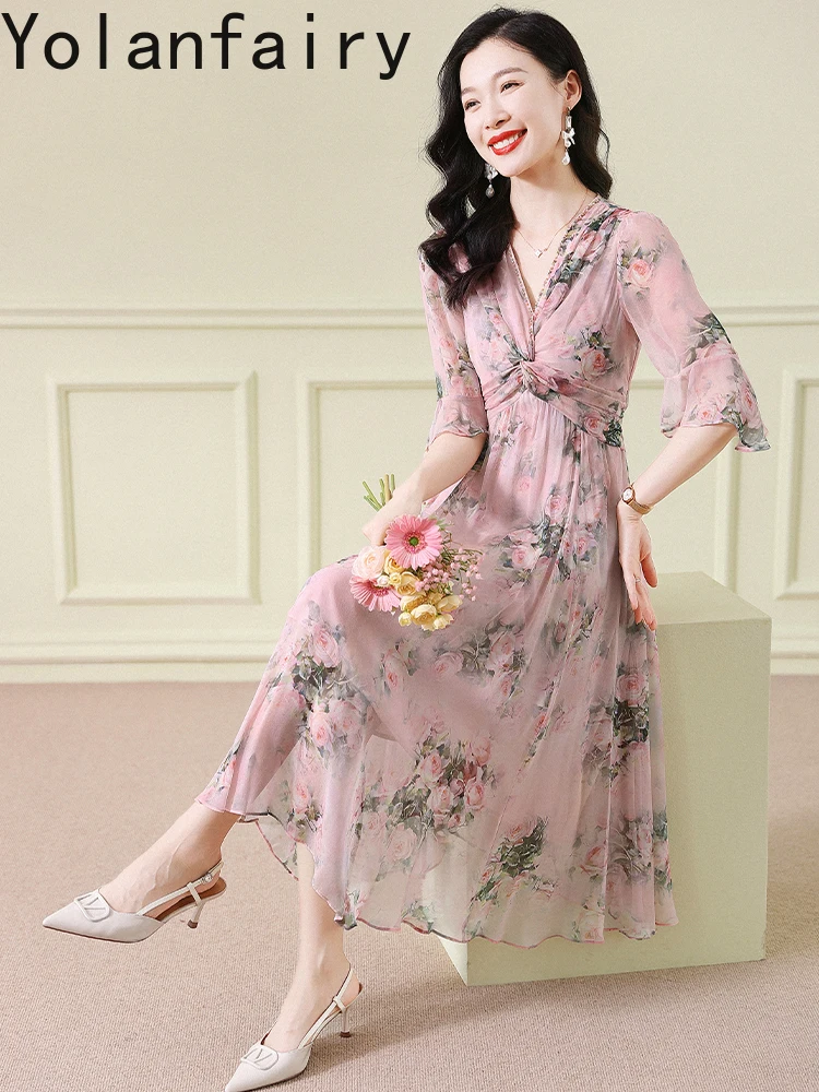 YOLANFAIRY 100% vera seta di gelso abito donna dolce ed elegante abiti da vacanza abbigliamento donna abito lungo floreale maniche svasate