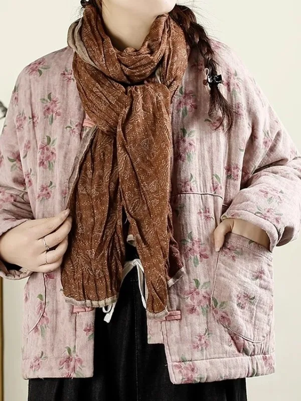 Retro Artistic Button-Up Collar Floral Print Thiened Cotton Jaet Women's Winter New Sle Small Size Cotton Outerwear