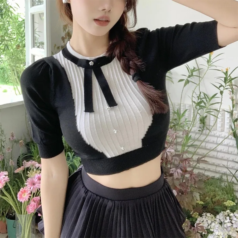 

2024 Summer Fashion Doll Neck Bow Short Pullover Women's New Short Sleeved Casual Pullover Knitted Top Female Clothing